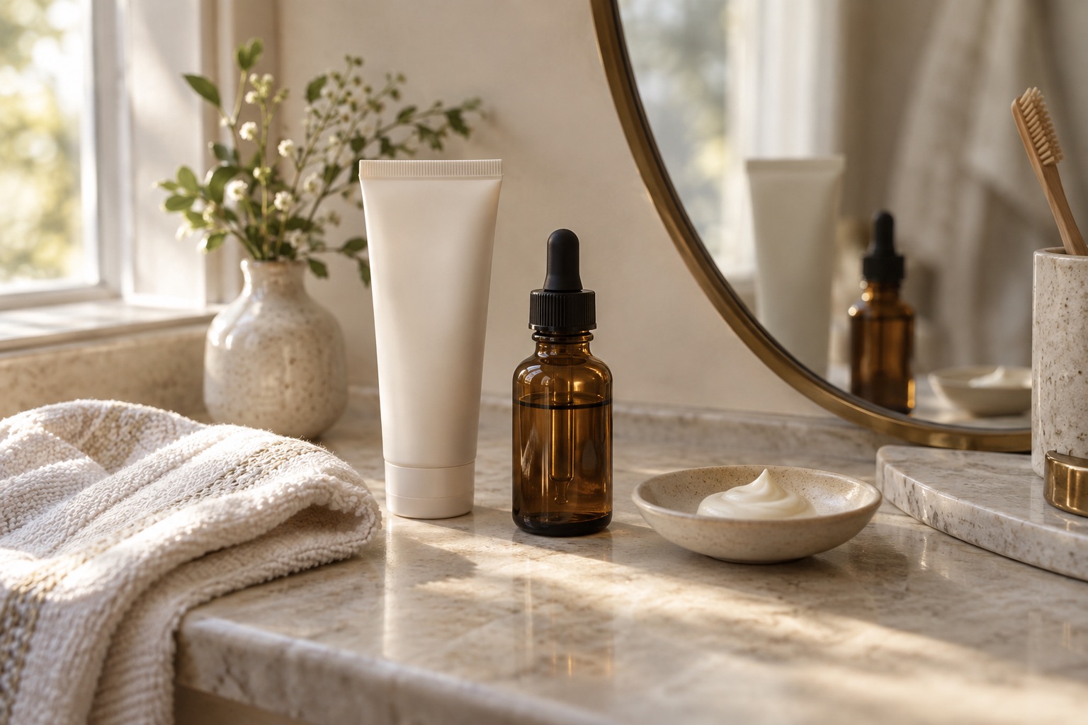 Unbranded cream tube and amber bottle on a sunlit ivory bathroom ledge
